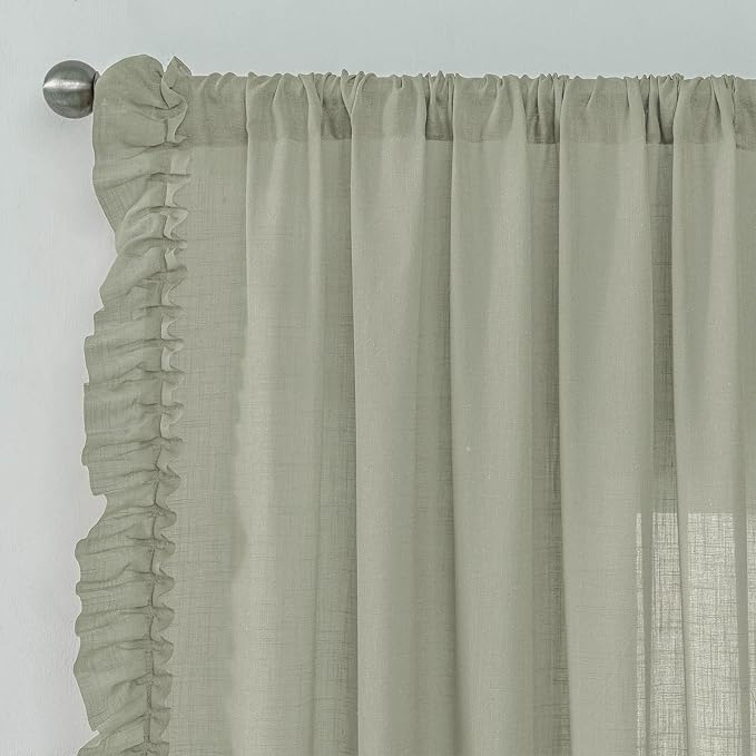 Light Sage Green Linen Ruffled Curtains - Image 2