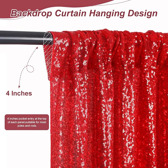 Red Sequin Backdrop Curtains-2 Panels 3FTx8FT Red Backdrop - Image 2
