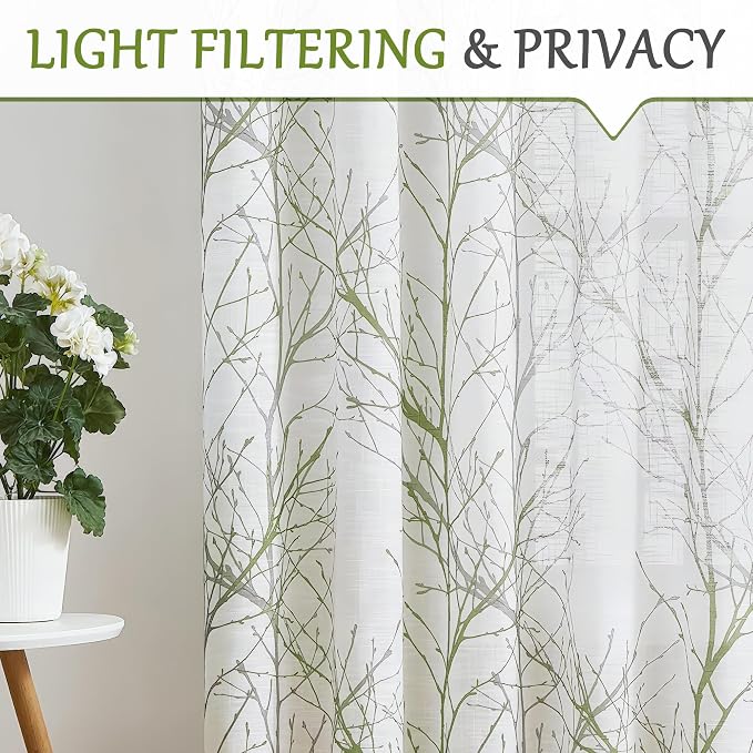 FMFUNCTEX Linen Sage Green White Semi Sheer Curtains 108 Inch Long 2 Panels | - Image 3