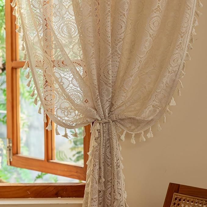 YJ YANJUN Boho Lace Curtains 54 inch Length 2 Panels -Vintage Floral Crochet by YJYANJUN