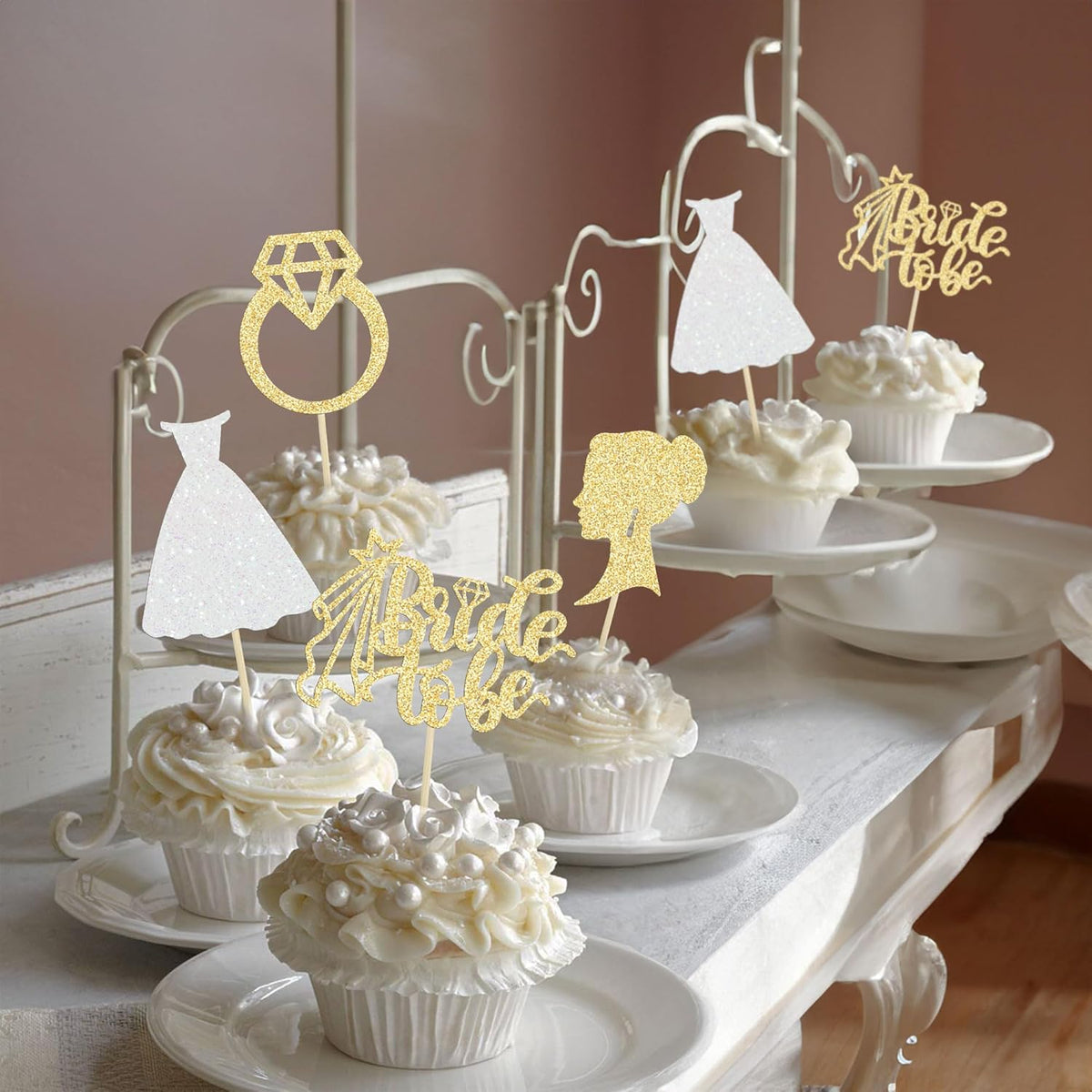 Gyufise 24 Pack Gold Glitter Bride To Be Cupcake Toppers with Diamond Bride Tulle Dress Cupcake Toppers for Bridal Shower Supplies Wedding Engagement Bachelorette Party Decorations