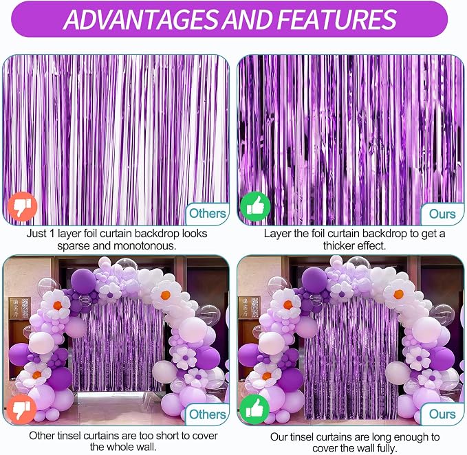 5 Pack 3.3 x 9.9 ft Purple Fringe Backdrop Streamers Party Decorations | Foil - Image 3