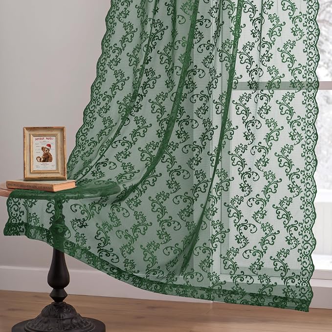 Dark Green Lace Curtains 84 Inches Long 2 Panels Country Vintage Sheer Lace - Image 4