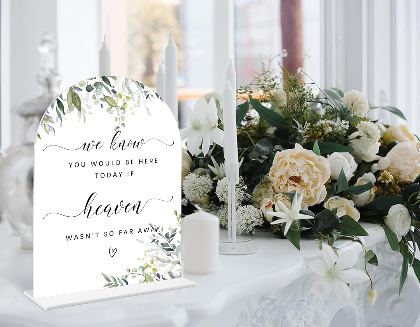 Greenery Wedding Memorial Sign, 6 x 8 Inch White Arch Acrylic Wedding Sign with Holder, Wedding Sign for Ceremony and Reception, Wedding Decoration, Wedding Supplies - LY12