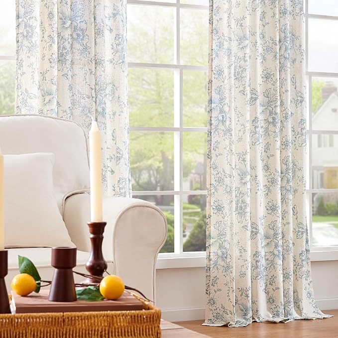 jinchan Blue Floral Linen Curtains 84 Inch Vintage Back Tab 2 Panels | Light - Image 7