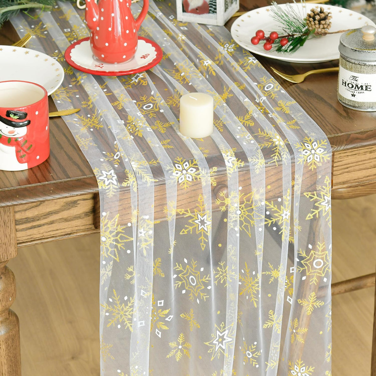 Artoid Mode Gold Snowflakes Christmas Gauze Table Runner 120 Inch 10FT, Winter Seasonal Sheer Dining Holiday Wedding Table Decor for Home Party