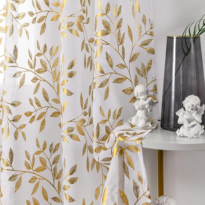 Sutuo Home Sheer Curtains 63 Inch Length 2 Panels, Luxury Gold Foil Print - Image 3