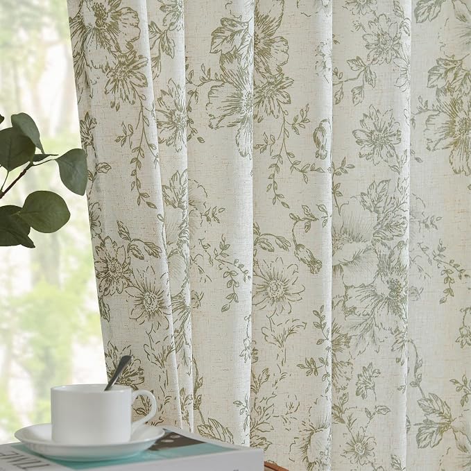 jinchan Green Floral Linen Curtains Lined 96 Inch Vintage Back Tab 2 Panels | - Image 7