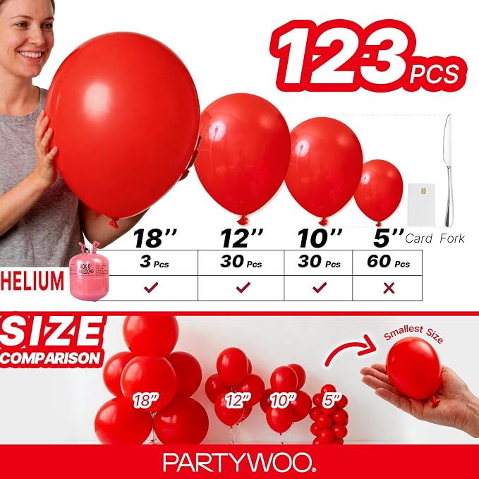 PartyWoo Red Balloons 123pcs Different Sizes of 18 12 10 5 Inch | Balloons - Image 6