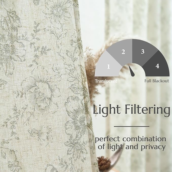 jinchan Green Floral Linen Curtains Lined 96 Inch Vintage Back Tab 2 Panels | - Image 4