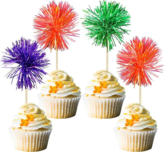 Gyufise 30Pcs Foil Firework Cupcake Toppers Sparkle Tinsel Cake Toppers Tinsel by Gyufise