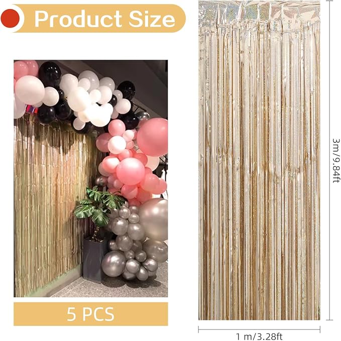 5 Pack Champagne Foil Curtain Backdrop 3.2ft x 9.8ft Metallic Tinsel Foil - Image 3