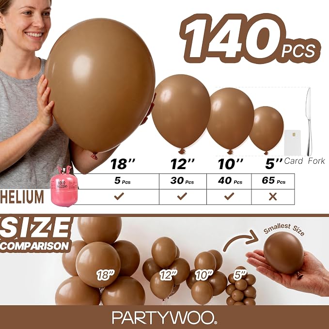 PartyWoo Brown Balloons 140pcs Neutral Boho Color 18 12 10 5 Inch | 18 12 10 5 - Image 6