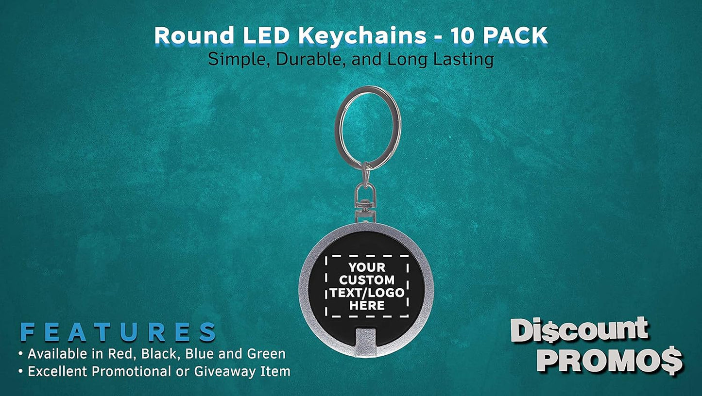 DISCOUNT PROMOS 10 Round LED Keychains - Customizable Text, Logo - Battery included, Plastic - Black