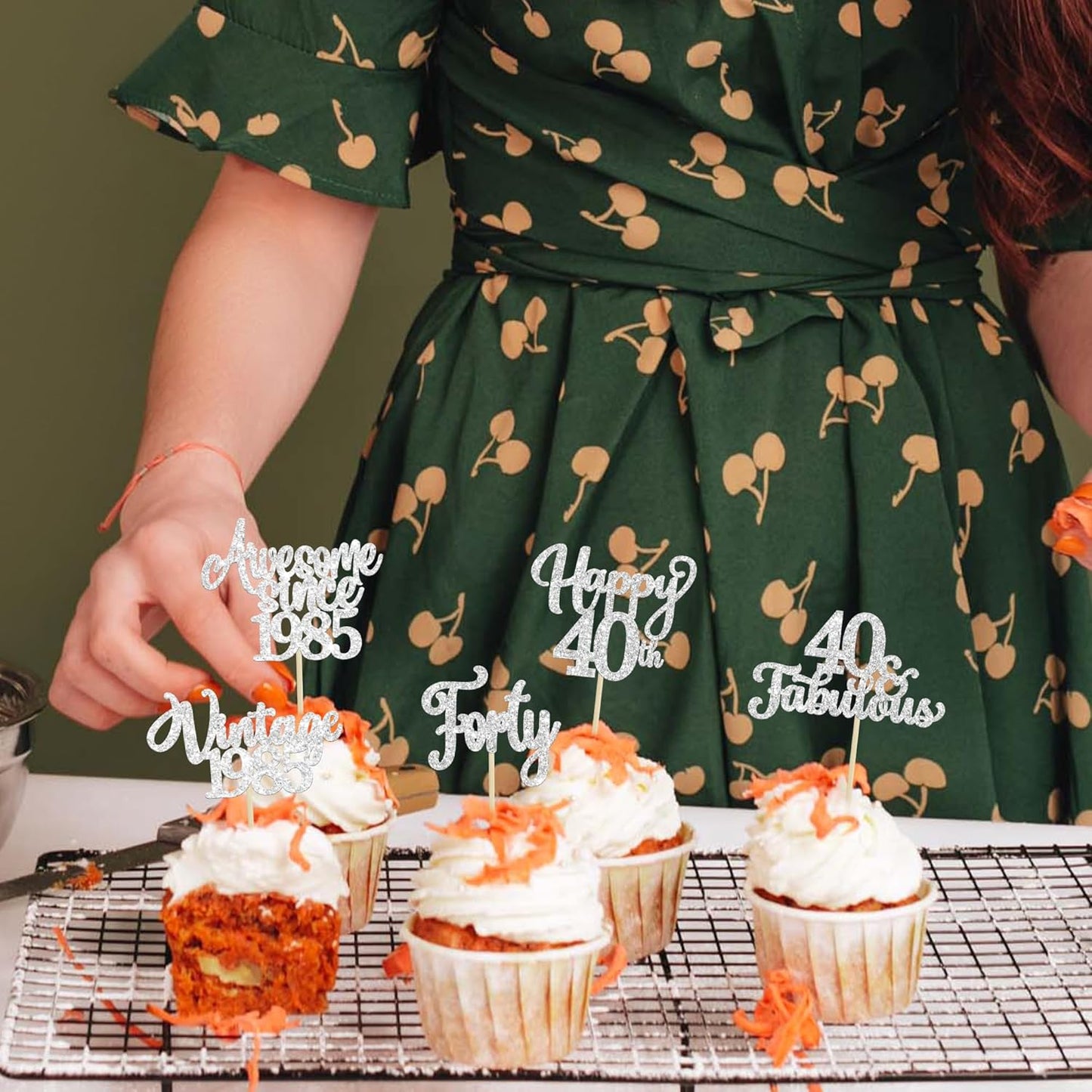 30Pcs Happy 40th Birthday Cupcake Toppers Glitter Forty Vintage 1985 Cupcake Picks Cheers to 40 Fabulous Cake Decorations for 40th Birthday Wedding Anniversary Party Supplies Silver