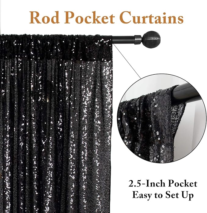 ShinyBeauty Black Sequin Curtains 2 Panels 14FTx7FT | Shimmer Photo Backdrops - Image 3