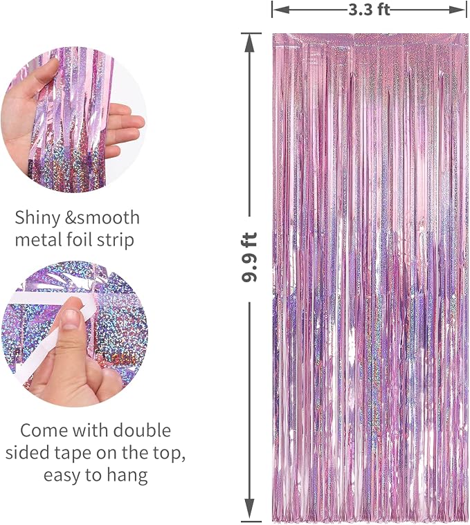 7 Pack 3.3 x 9.9 ft Holographic Pink Tinsel Streamers Party Decorations | Foil - Image 2