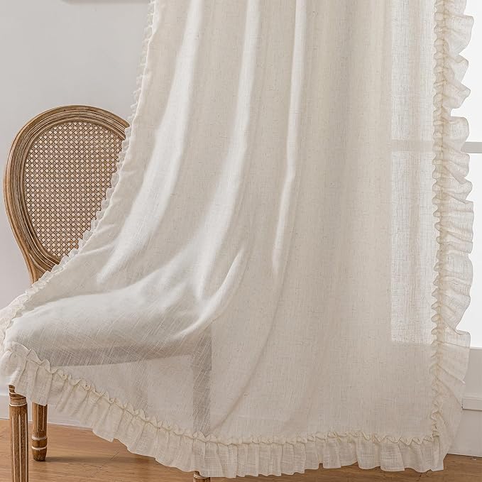 TERLYTEX Linen Curtains for Bedroom Ruffled Edges 47 x 63 Inch, 2 Panels | Rod - Image 4