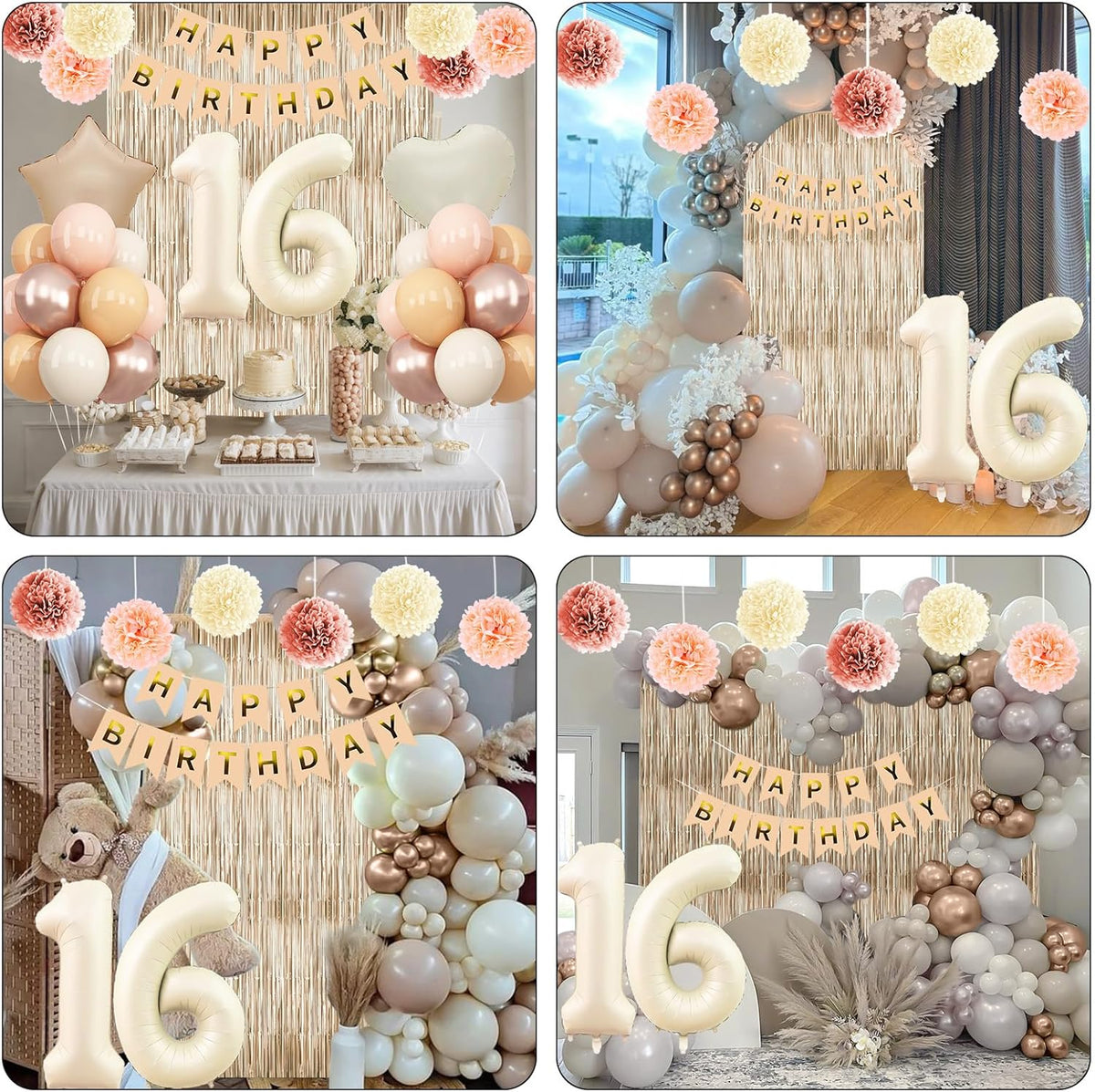 Beige 16th Birthday Decorations Girls Boys Cream Number 16 Balloon Nude Gold Happy Birthday Banner Fringe Curtain Paper Pom Poms Blush White Sand Champagne Star Foil Balloons Neutral Boho Party Decor