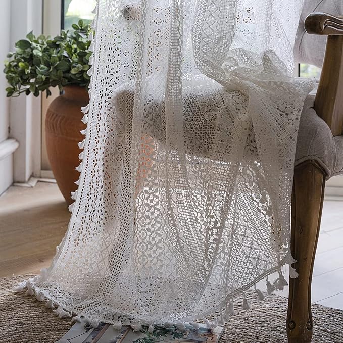 Sutuo Home White Crochet Boho Curtains 72 Inches Length, Sheer Lace Handmade - Image 2