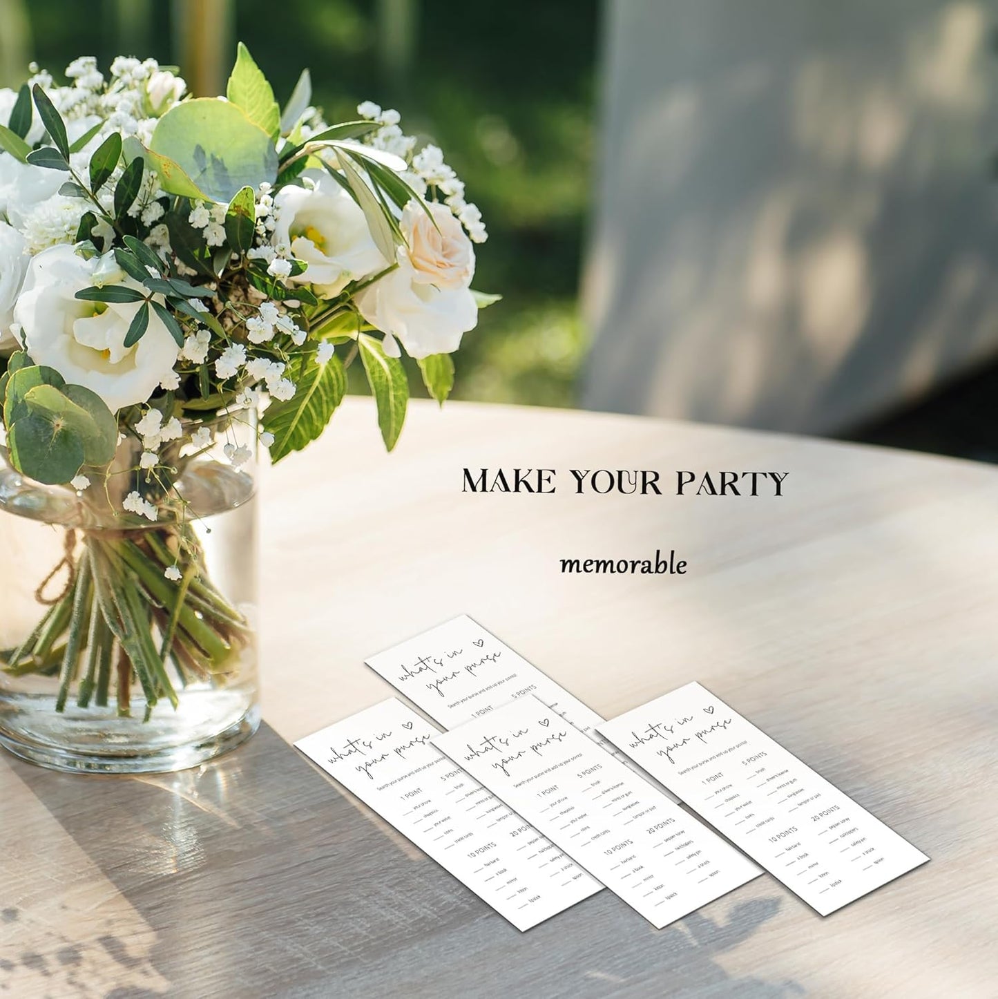 Bridal Shower Games, What's in Your Purse, 25Pcs 4x9inch Minimalist White Double-Sided Bridal Game Cards, Wedding Shower Games for Guests, Engagement Bachelorette Party Supplies - A18