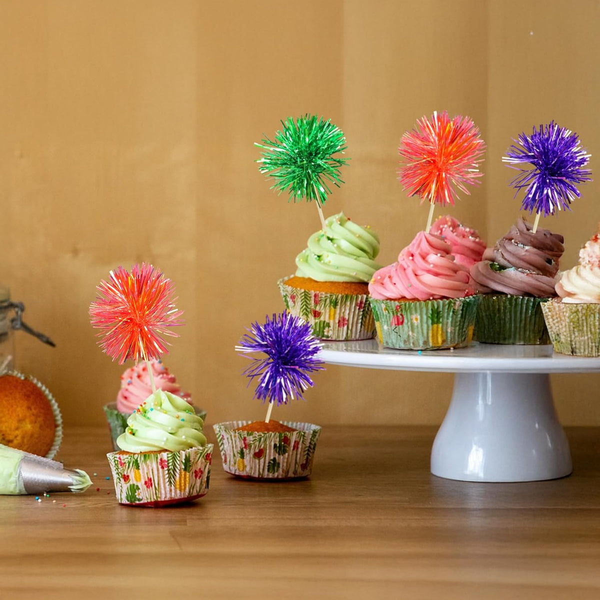 Gyufise 30Pcs Foil Firework Cupcake Toppers Sparkle Tinsel Cake Toppers Tinsel Drink Cake Decoration Cocktail Picks for Halloween Birthday Wedding Graduation Party Supplies Purple Green Orange