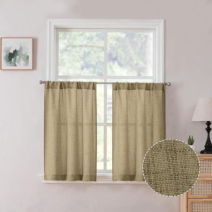 Tollpiz Linen Tier Curtains Rod Pocket Semi Sheer Short Kitchen Curtain Half by Tollpiz