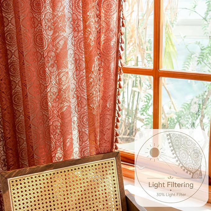 YJ YANJUN Boho Lace Sheer Curtains, Burnt Orange Terracotta, 59x63 inches | 2 - Image 2