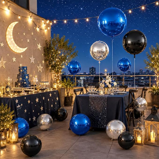 15 Pcs Navy Blue Black Silver Round Foil Balloons, 22/15/10 Inch 4D Ball - Image 6