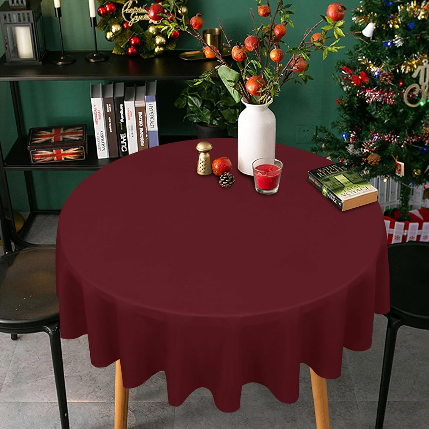 sancua Round Tablecloth - 48 Inch - Water Resistant Spill Proof Washable Polyester Table Cloth Decorative Fabric Table Cover for Dining Tables, Buffet Parties and Camping, Burgundy