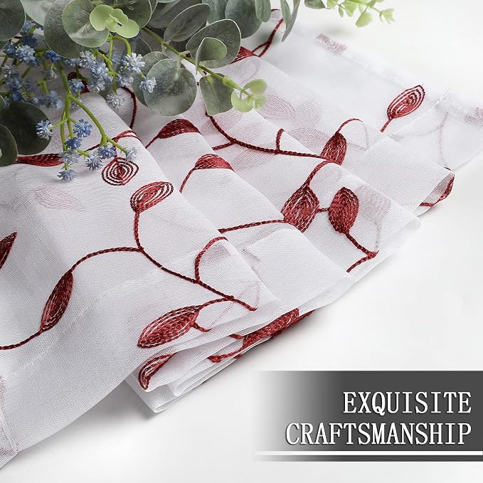 Tollpiz Leaves Short Sheer Curtain Burgundy Red Leaf Embroidery Bedroom - Image 7
