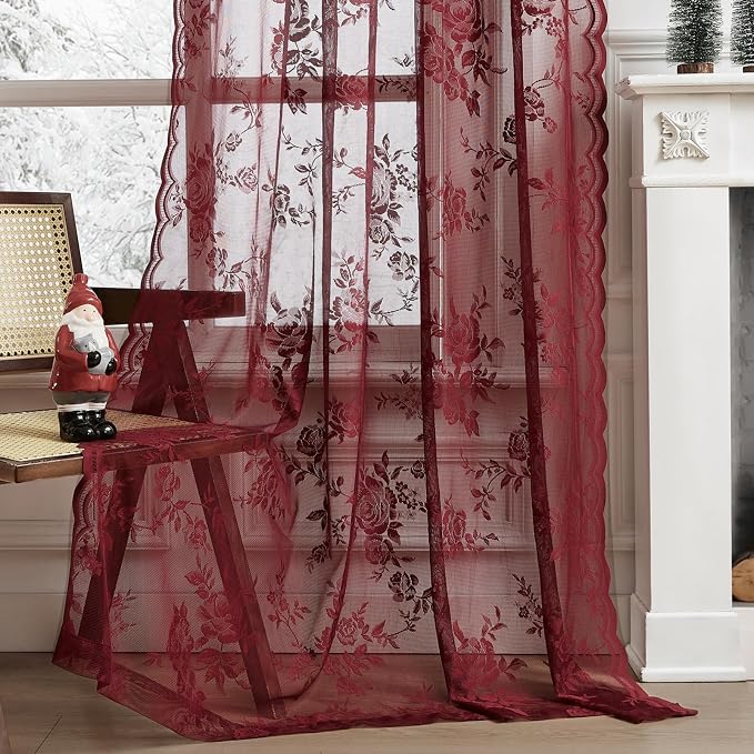 Maroon Lace Curtains 72 Inch Length Modern Floral Curtains 2 Panels set - Image 5