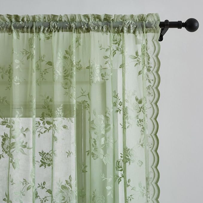 Sage Green Lace Curtains 63 Inch Length 2 Panels Set Country Rustic Floral Lace - Image 4