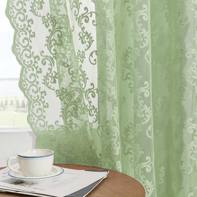 FOLKSIDE Sage Green Lace Curtains 63 Inch Length 2 Panels Paisley Floral Lace - Image 4