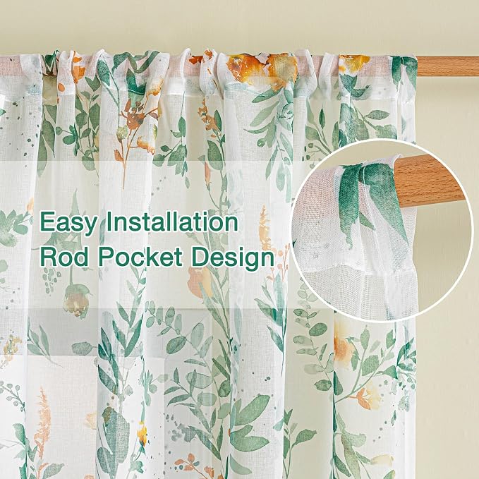 MYSKY HOME Green Sheer Floral Curtains 95 Inch Length - Image 3
