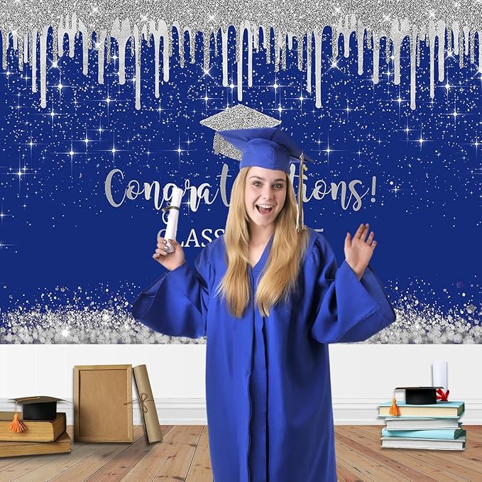 Mocsicka Blue and Sliver Graduation Backdrop Congratulations Class of 2026 - Image 8