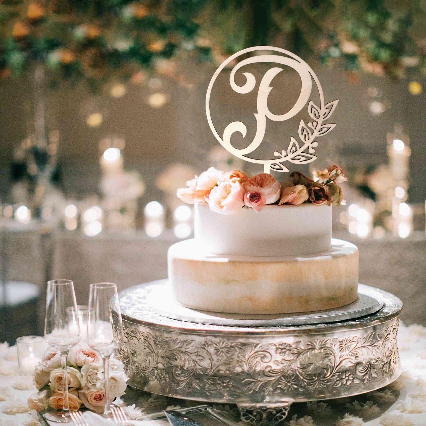 LINGTEER Personalized Inital Letter P Wooden Cake Topper Perfect for Birthday Rustic Wedding Anniversary Party Keepsake Decoration