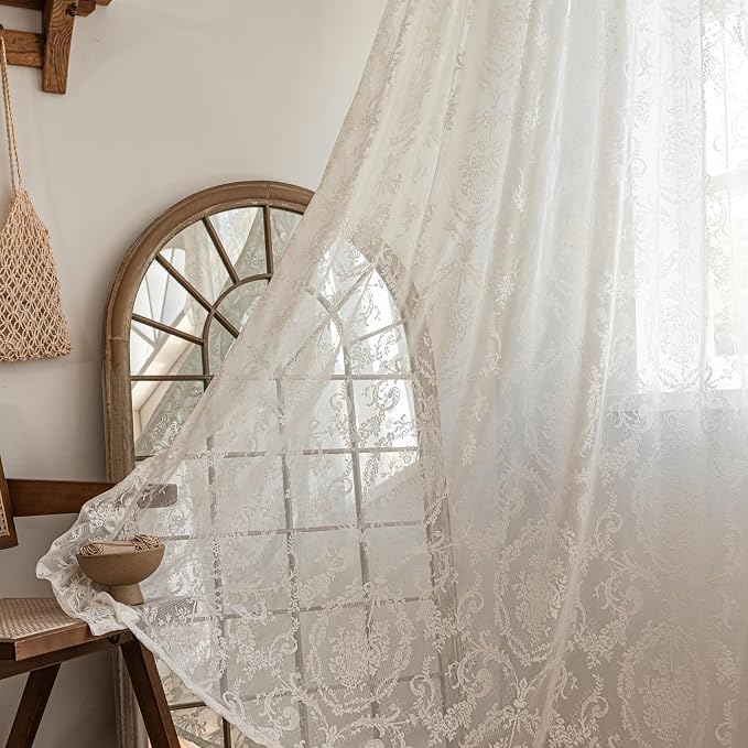 Deeprove Ivory Lace Boho Sheer Curtains Cottage 2 Panels 96 inches Long - Image 3