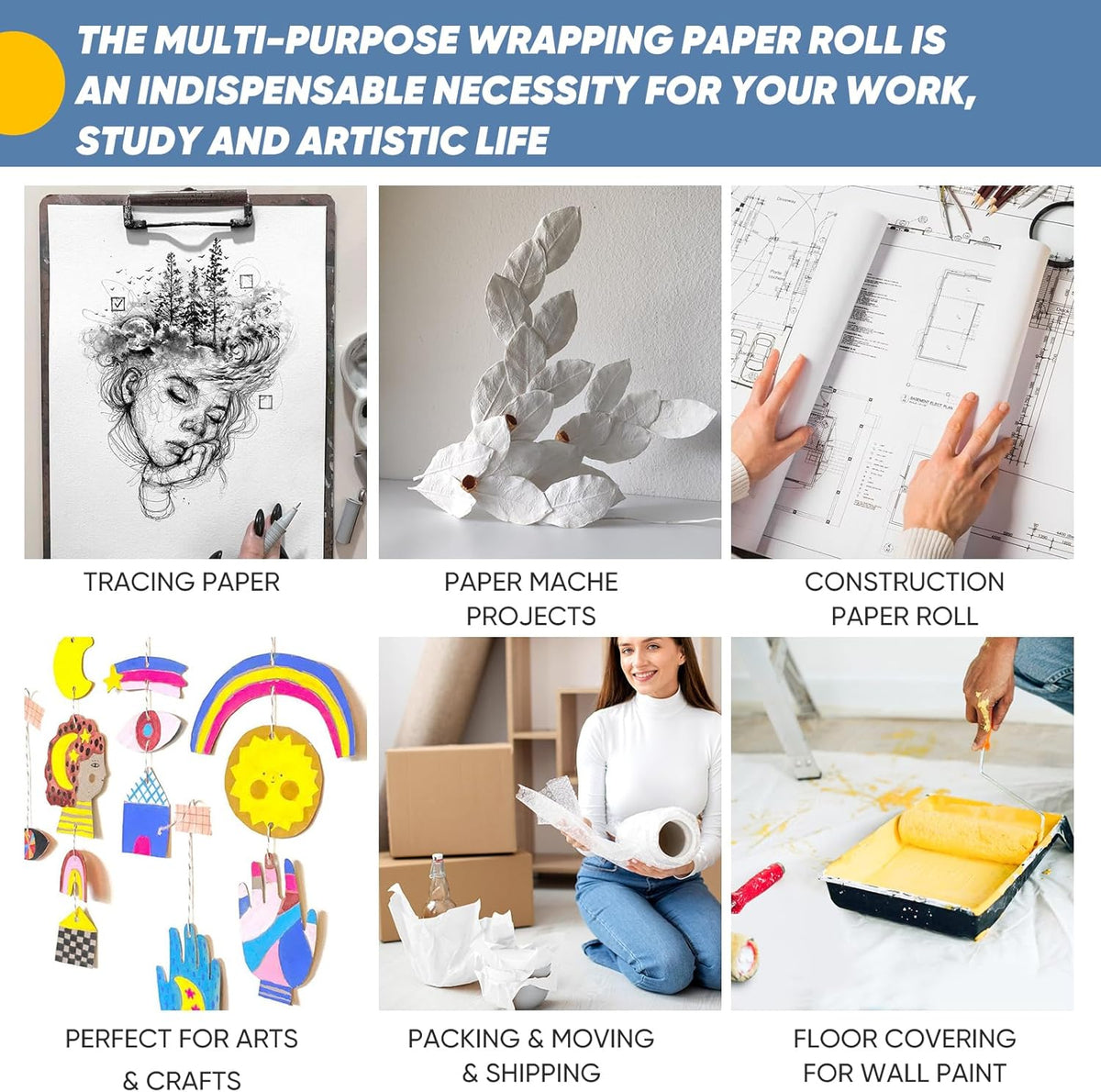 Drawing Paper Roll for Kids Art Supplies, 17.6"x1200" (100') Easel Craft Decorative Paper, White Eid Gift Wrapping Paper, Solid Color Poster Kraft Paper, Perfect for Valentine's Day, Wedding, Birthday