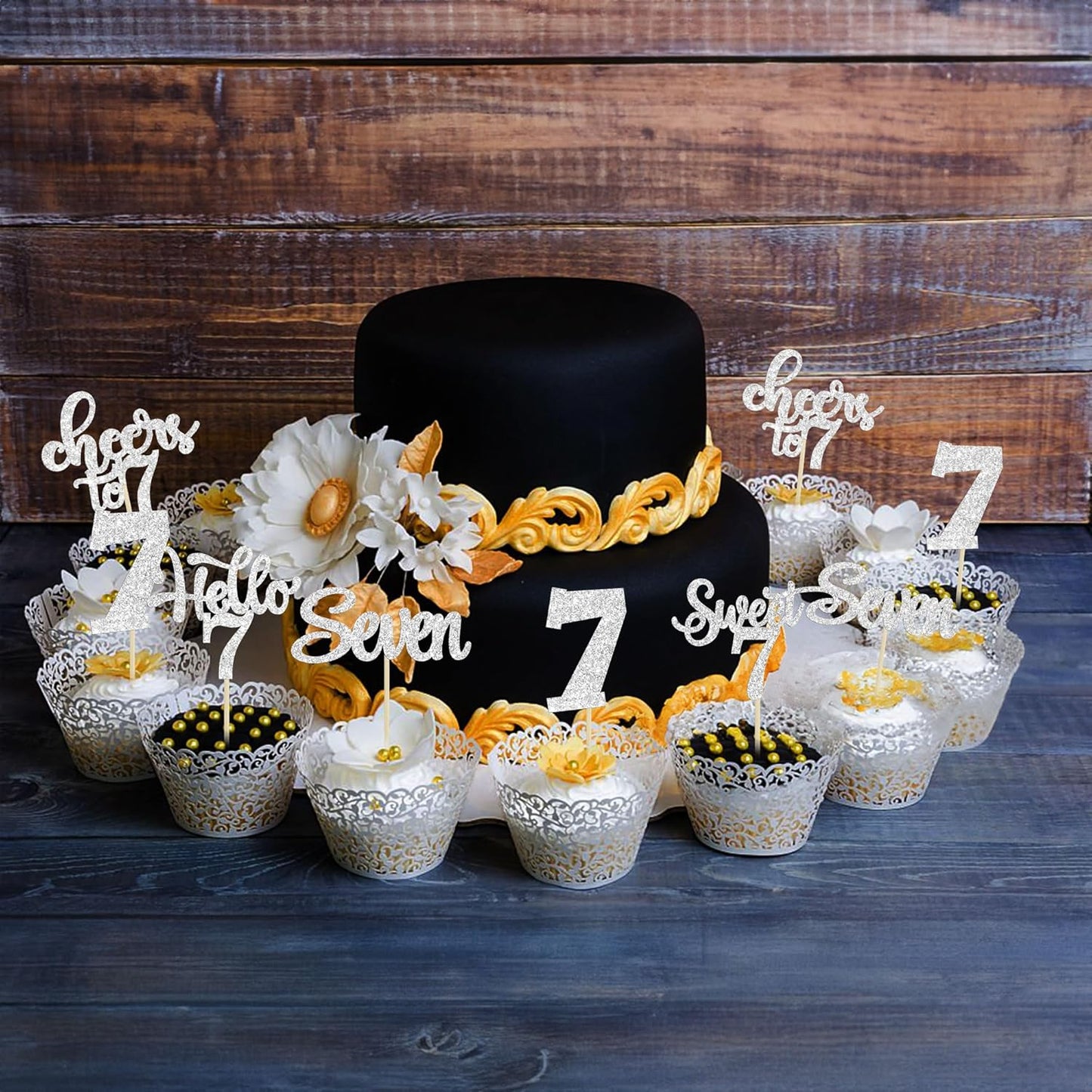 30Pcs 7th Birthday Cupcake Toppers Glitter Seven Happy 7 Cupcake Picks Cheers to 7 Years Old Cake Decorations for 7th Birthday Party Supplies Silver