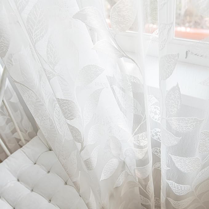 Treatmentex White Lace Sheer Curtains 63inch Vintage Leaf Knitted Window - Image 9