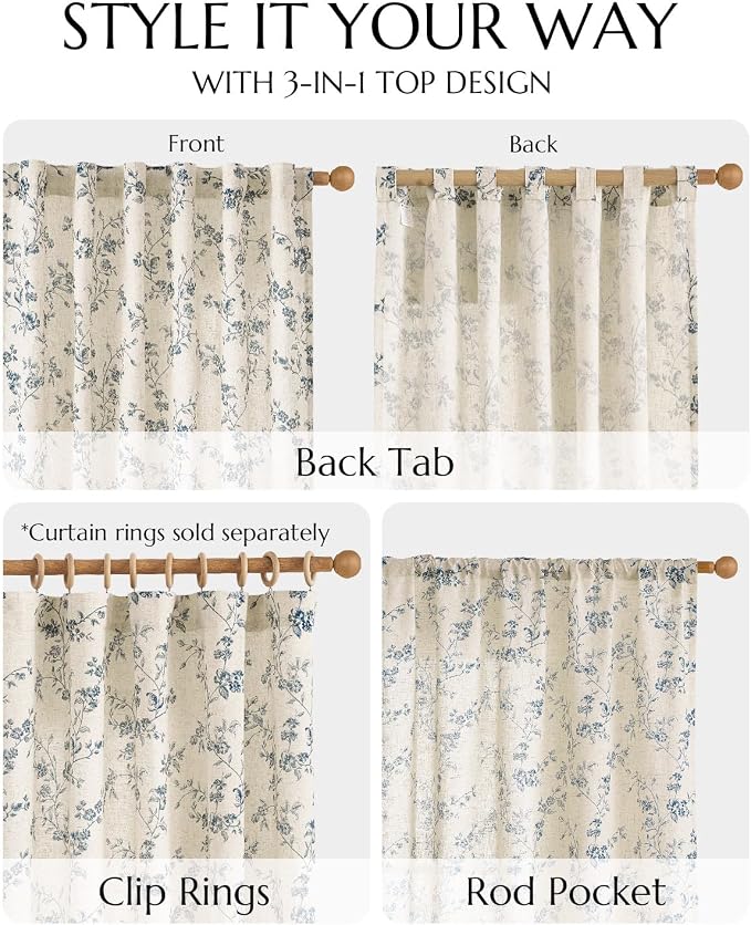 jinchan Blue Floral Linen Curtains 84 Inch French Country Back Tab 2 Panels | - Image 8