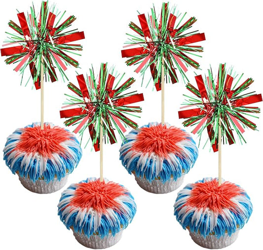 Gyufise 20Pcs Foil Firework Cupcake Toppers Happy Birthday Cake Toppers Tinsel by Gyufise