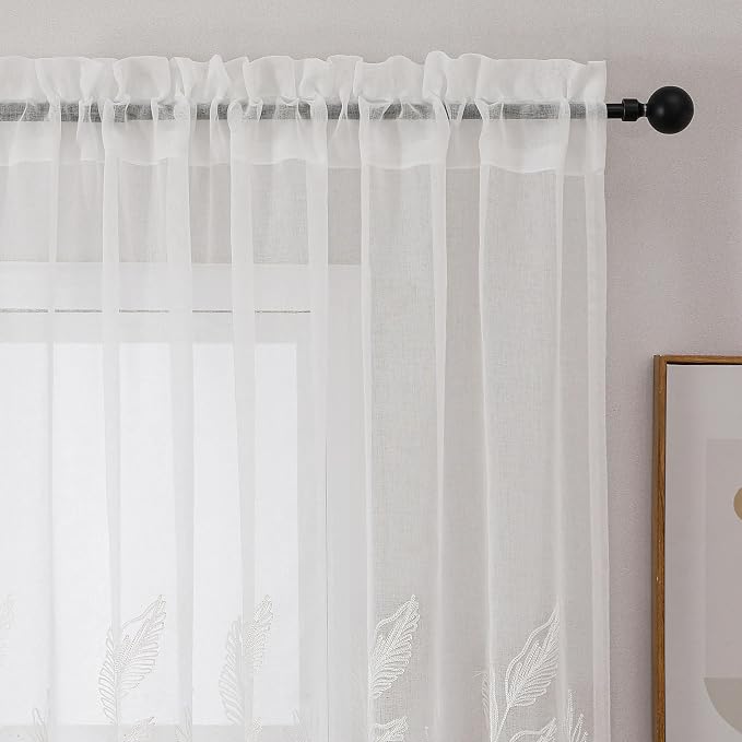 White Sheer Curtains Embroidered Leaf 2 Panels 84 Inches Long | Light Filtering - Image 3