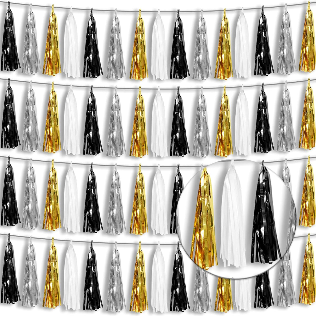 4P Black Gold Silver Foil Fringe Tassel Banner Garland Metallic Tinsel Streamers Wall Hanging Curtain Backdrop Banner for Parade Floats, 2024 Graduation Decorations, New Years Decorations, Father' Day