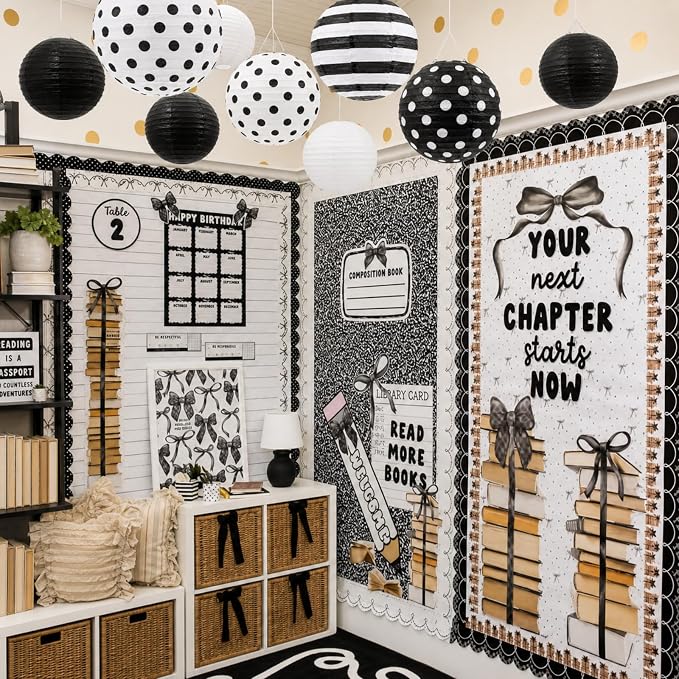 Treela 12 Pack Black and White Paper Lanterns Back to School 8" Round Hanging - Image 4