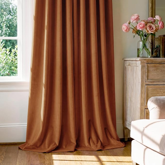 Burnt Orange Velvet Curtains Back Tab Extra Long, Window Back Tab Extra Long - Image 7