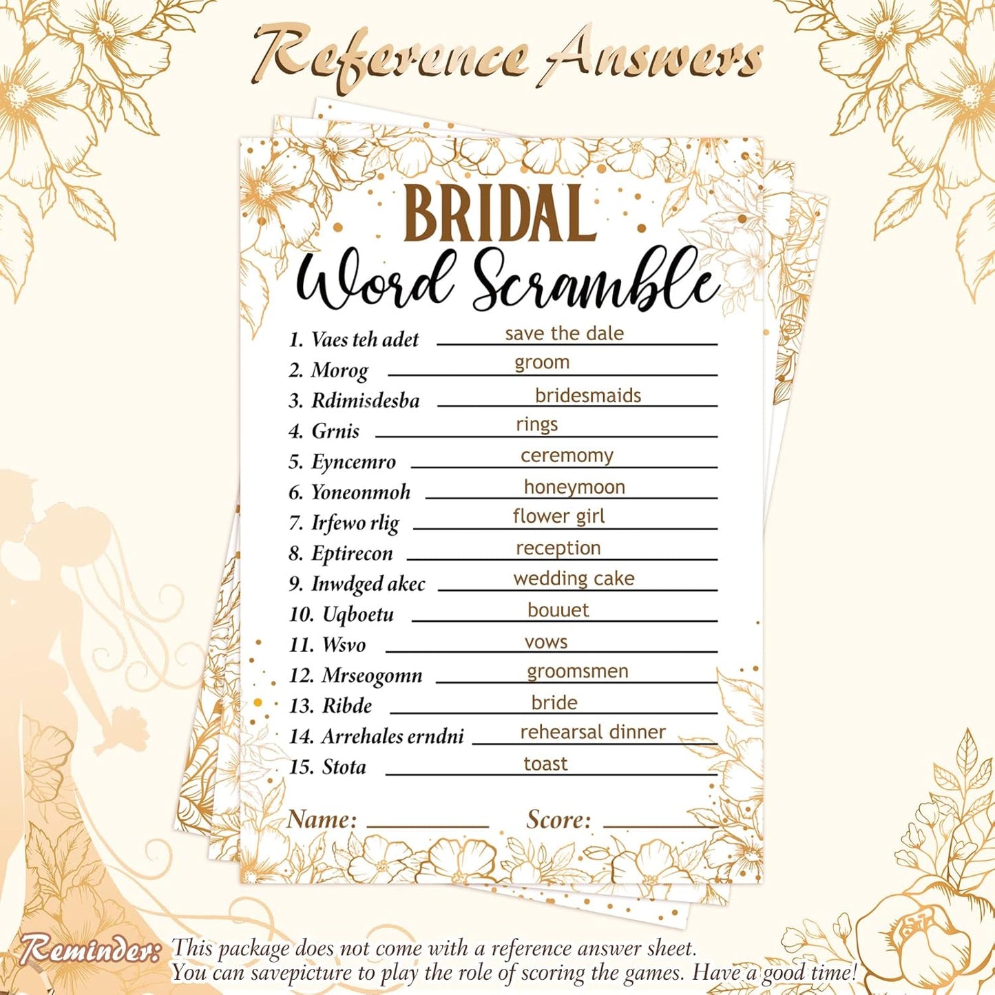 Teling 145 Pieces Bridal Shower Game Bridal Shower Favors Set Wedding Games Cards and Pencils for Bride Groom Bachelorette Party Wedding Party Favor(Golden Flower Style)