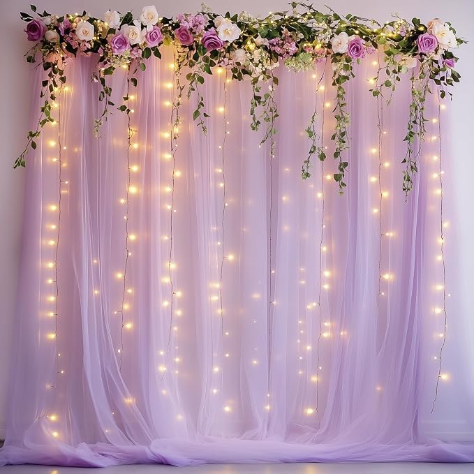 Tulle Backdrop Curtains with Lights Lavender 10x10ft Sheer Curtain Backdrop | by Fomcet