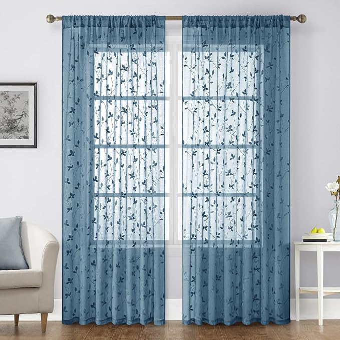 HOMEIDEAS Cyan Blue Sheer Curtains 2 Panels, Embroidered Vine Leaf, W52xL84 | by HOMEIDEAS